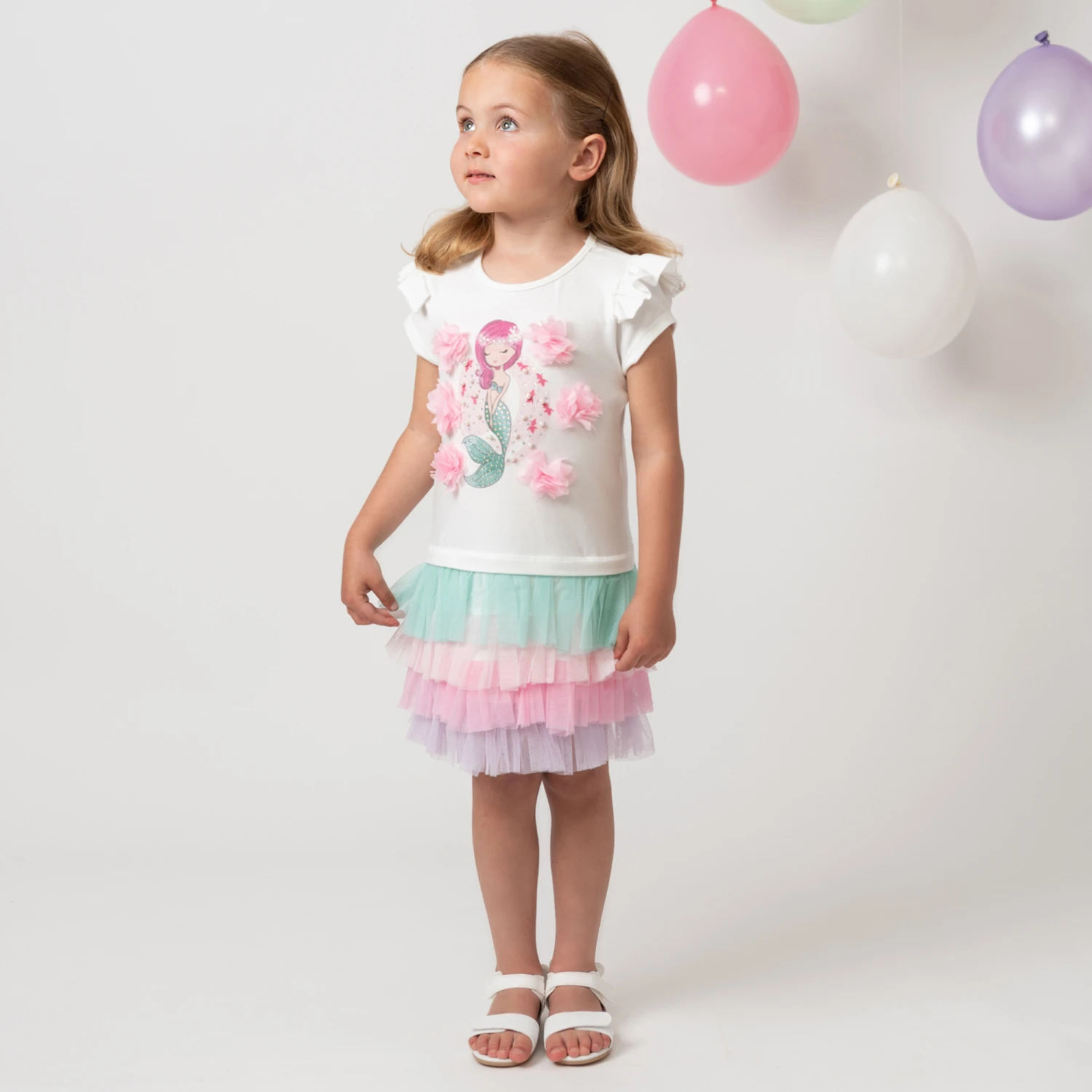 Caramelo Kids Girls White Cotton & Tulle Mermaid Dress 4 Caramelo Kids Girls White Cotton & Tulle Mermaid Dress - Image 2