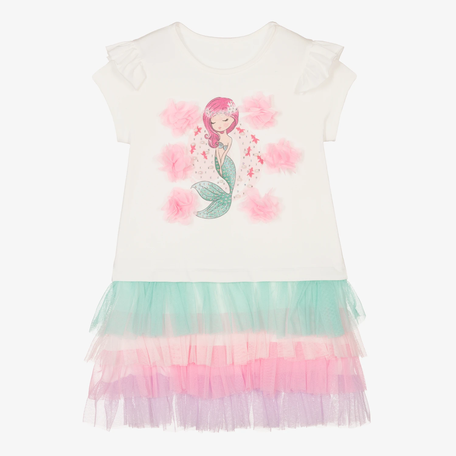 Caramelo Kids Girls White Cotton & Tulle Mermaid Dress 3 Caramelo Kids Girls White Cotton & Tulle Mermaid Dress