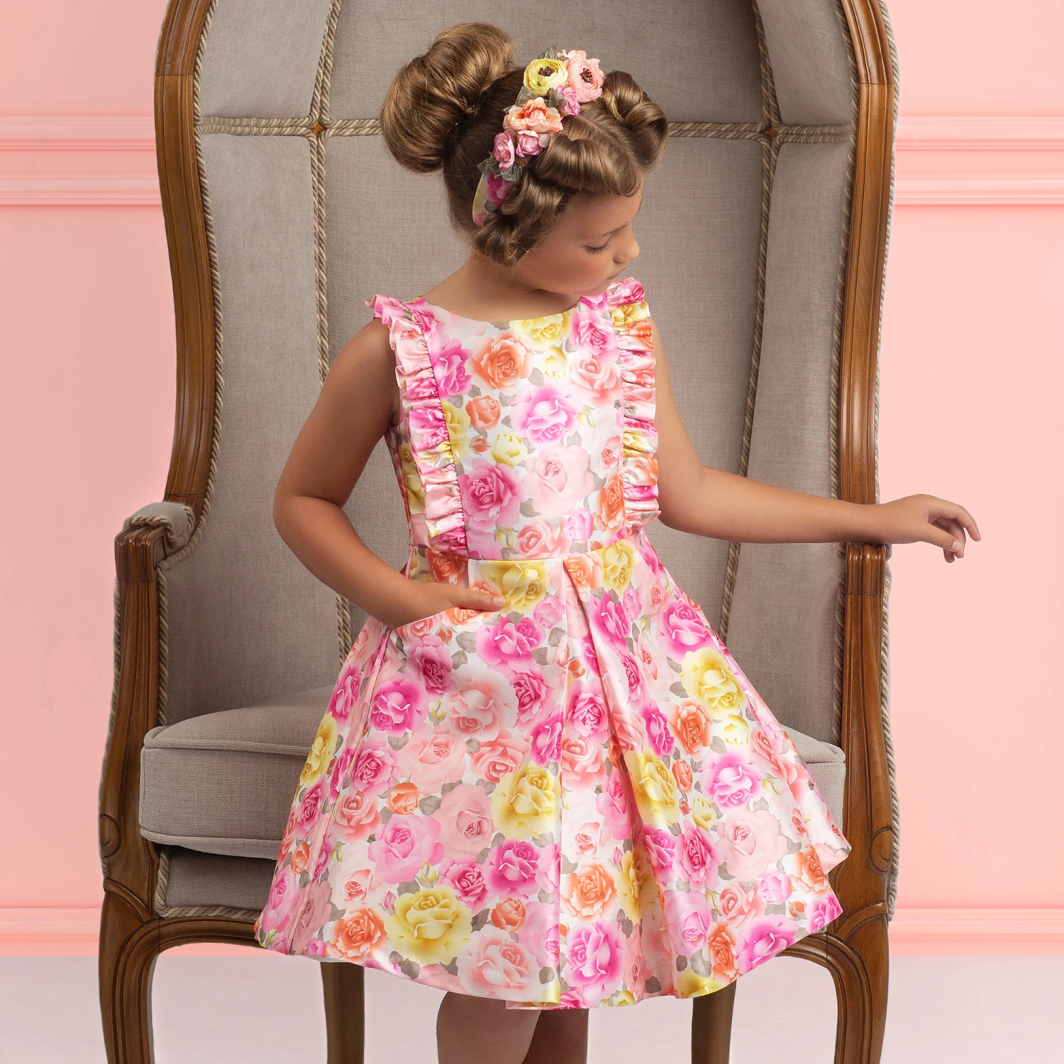 Irpa Girls Pink Satin Roses Dress 4 Irpa Girls Pink Satin Roses Dress - Image 2