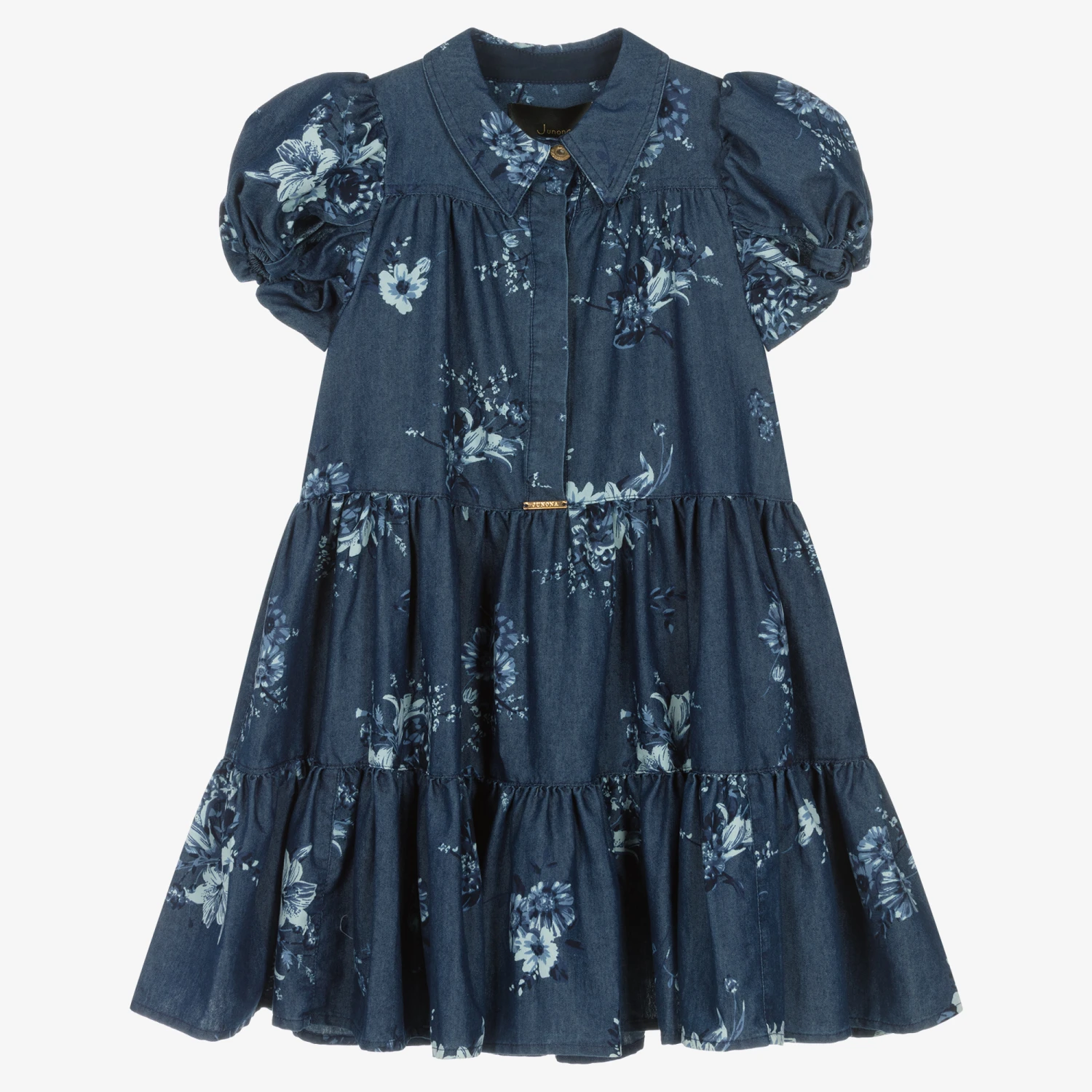 Junona Girls Blue Floral Chambray Dress 3 Junona Girls Blue Floral Chambray Dress