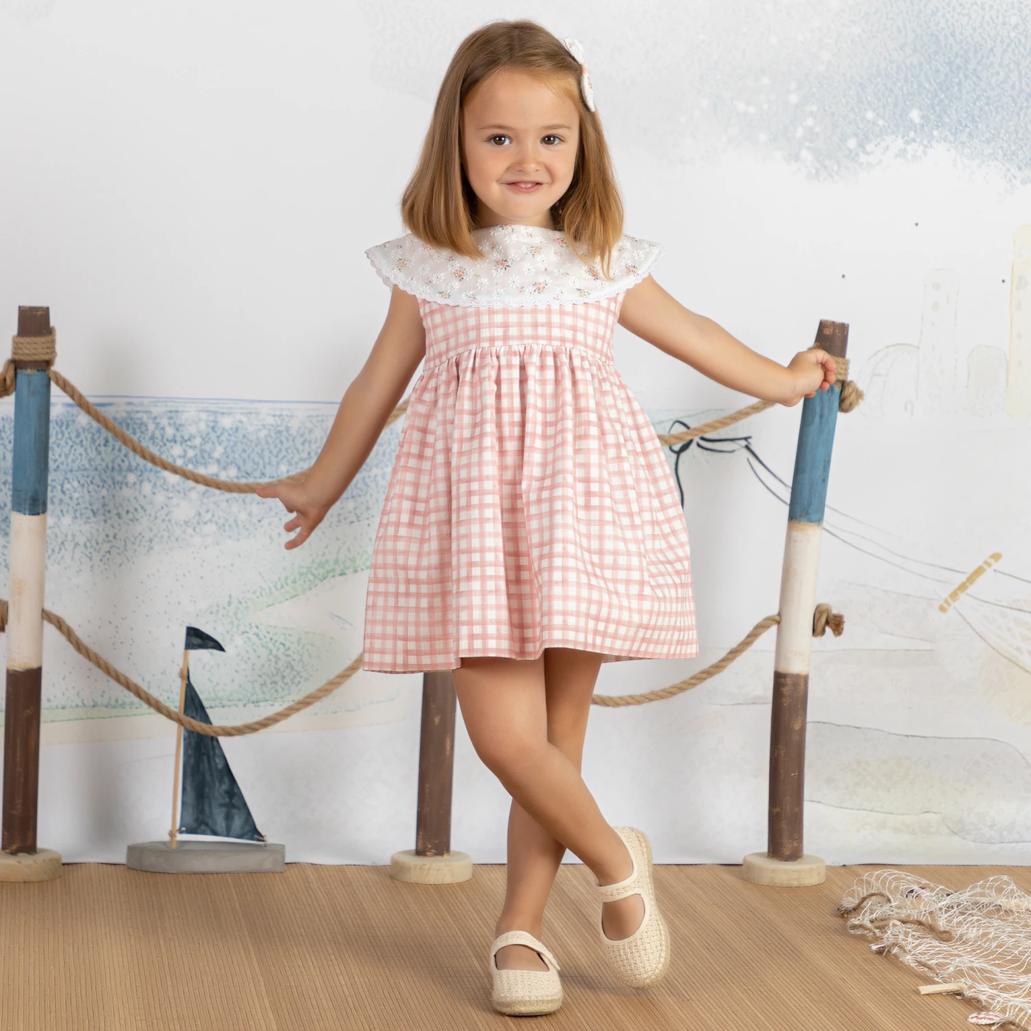 Mebi Girls Pink Gingham & Floral Cotton Dress 4 Mebi Girls Pink Gingham & Floral Cotton Dress - Image 2